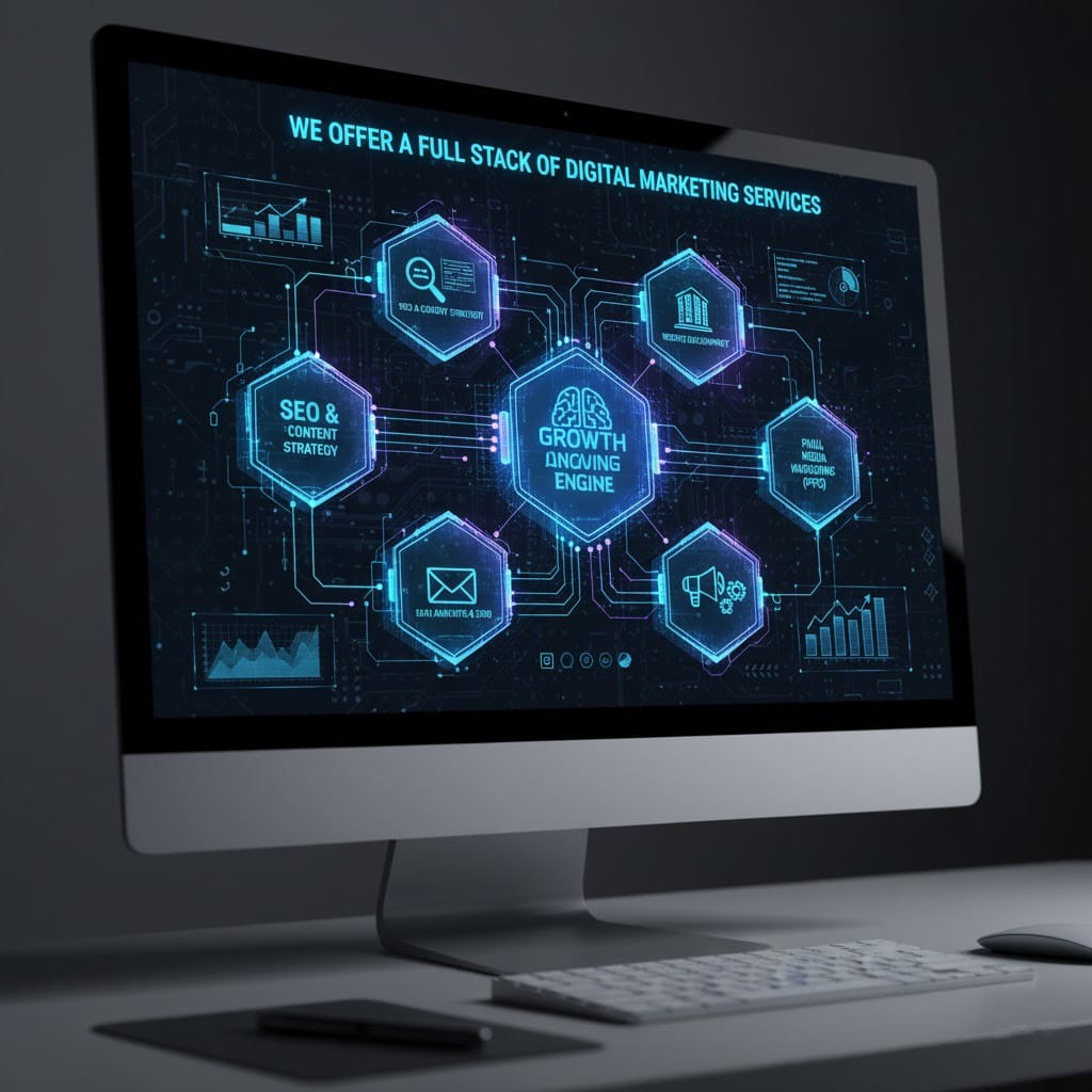Digital marketing services dashboard displayed on a computer monitor in a modern office