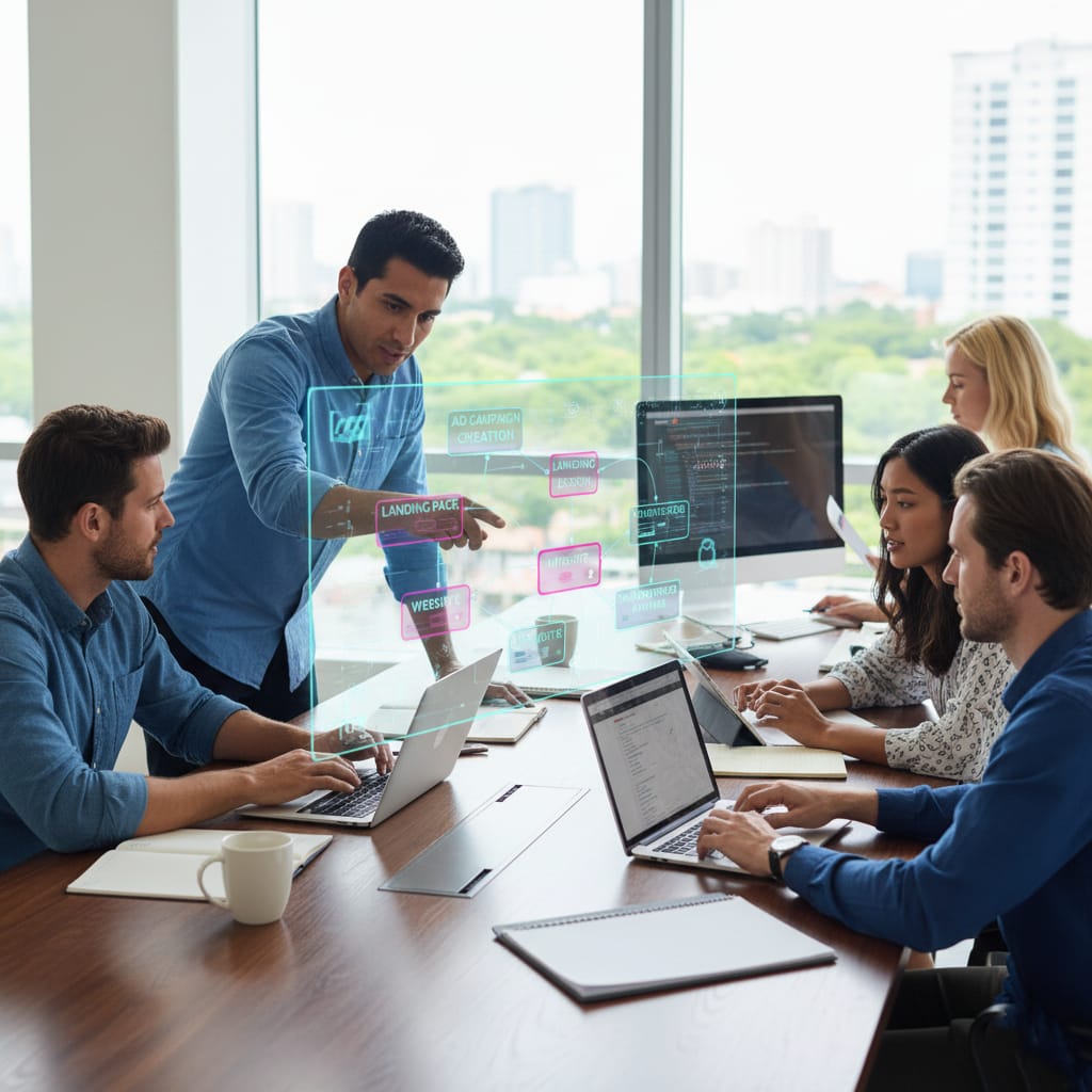 Digital marketing team planning ad campaigns and website strategies with advanced digital tools in a modern office.