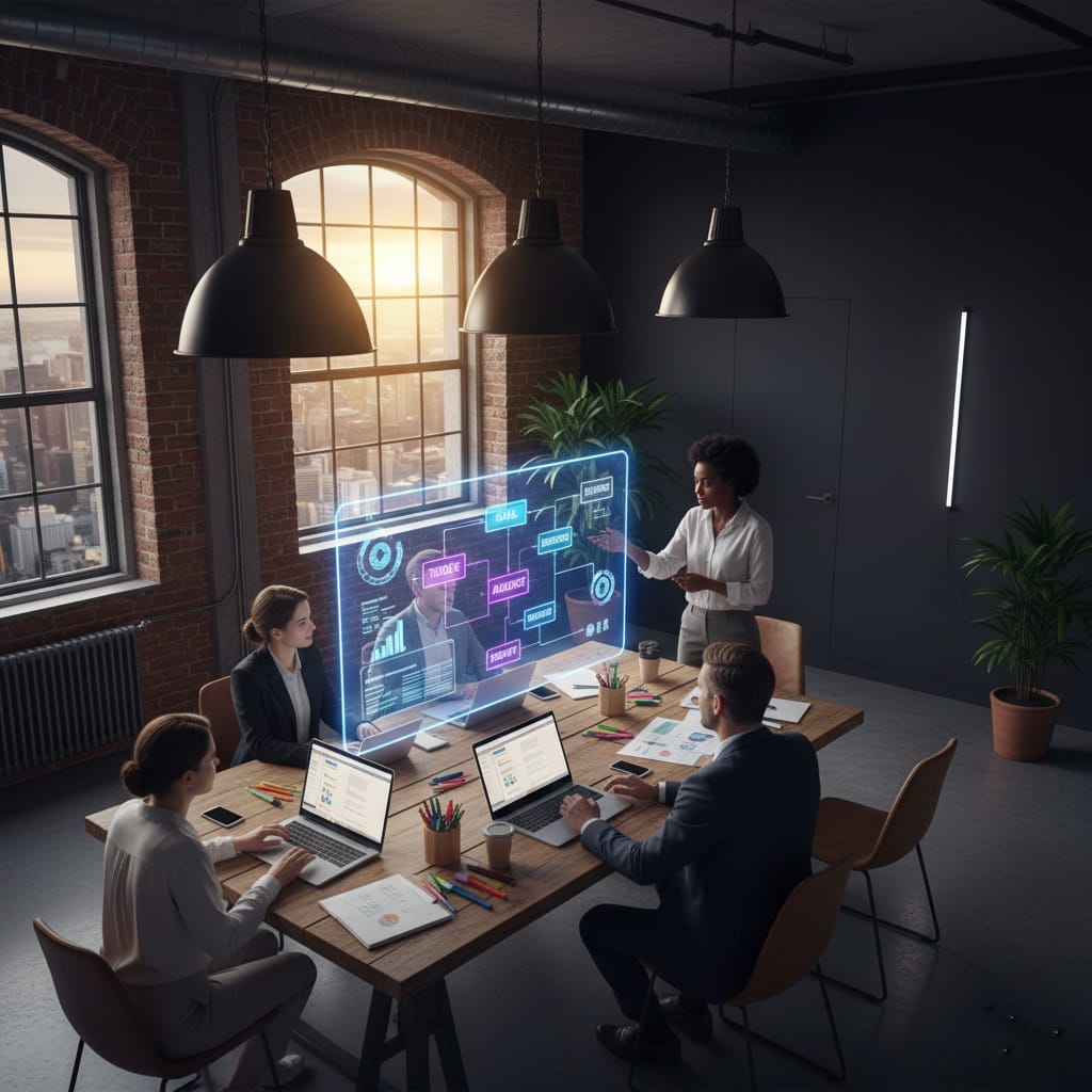 Digital marketing team working on strategy with futuristic data visualization in a modern office.