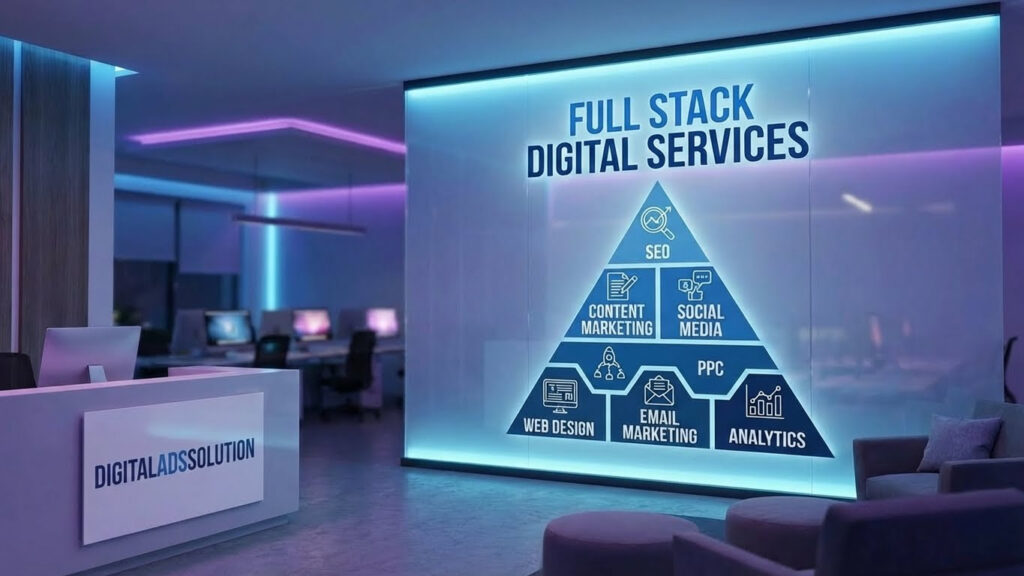 Full stack digital services pyramid infographic at Digital Ads Solution agency office.